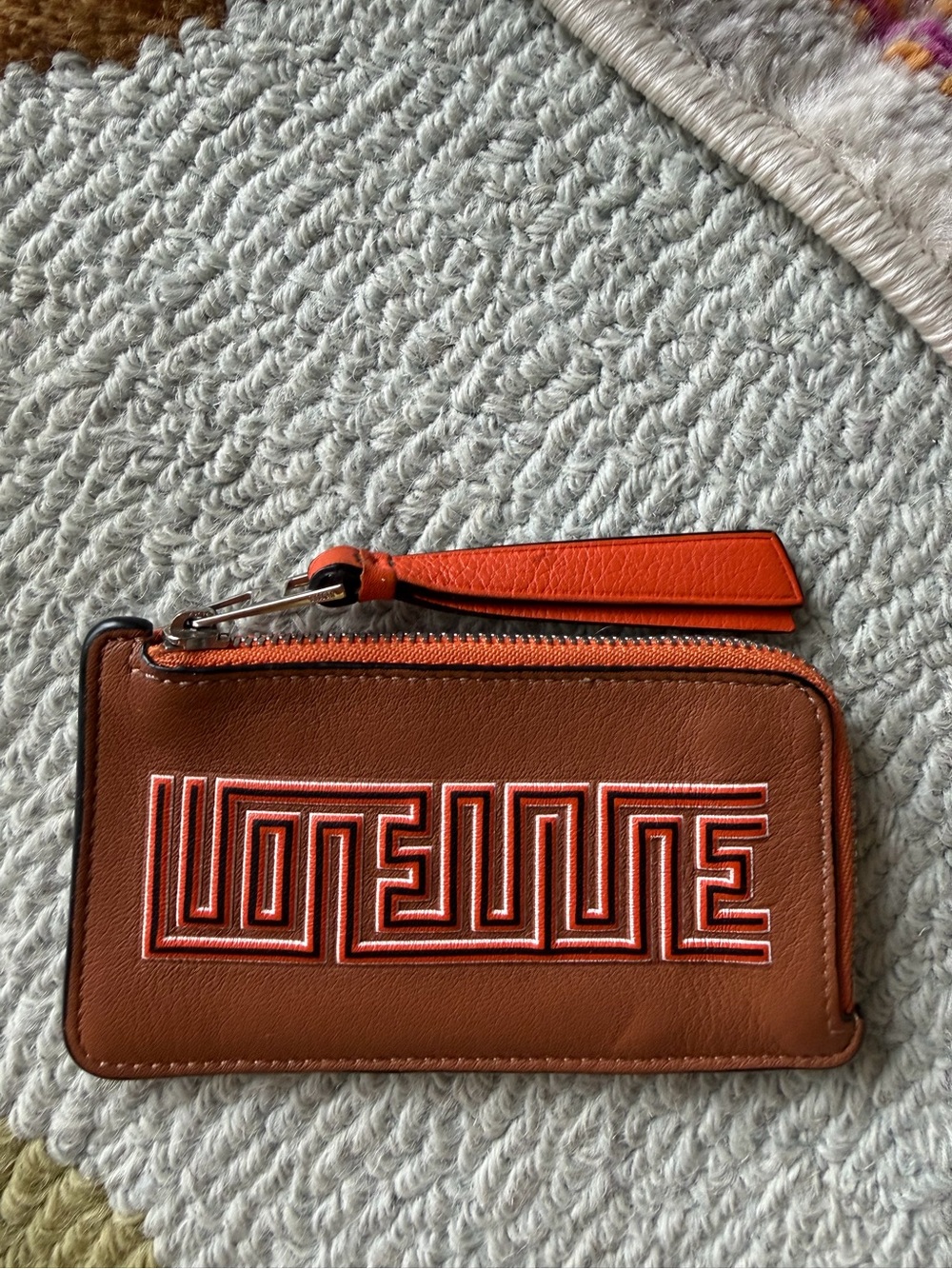 Loewe Brown Leather Zip Card Pouch with Orange accents